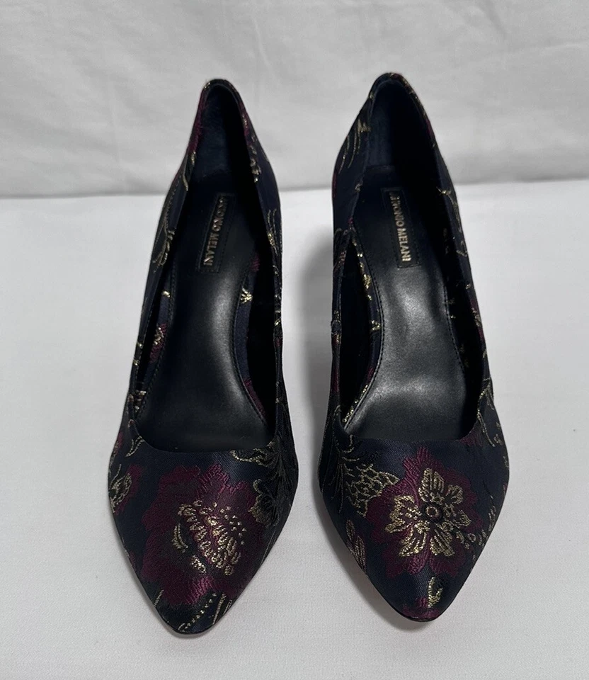 Antonio Melani Tacones 8M Zapatos de salón Cuero Floral Tacón Bloque Azul Marino Rojo Dorado Nuevos Foto 4 de 4
