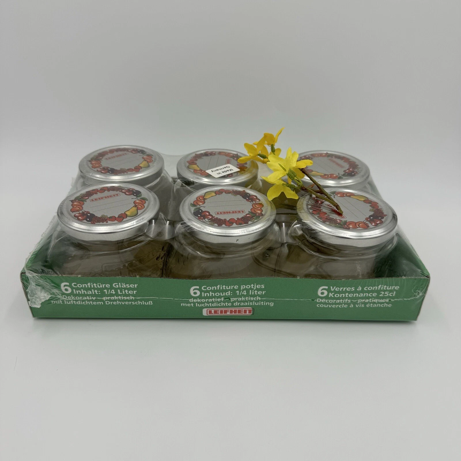 Set (6) Frucht & Fun Glass Screw on Lid Jam Jars by Leifheit 1/4 Liter Germany