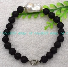 New 8-10mm Black Lava Rock White Baroque Pearl Round Beads Bracelet 7.5 In