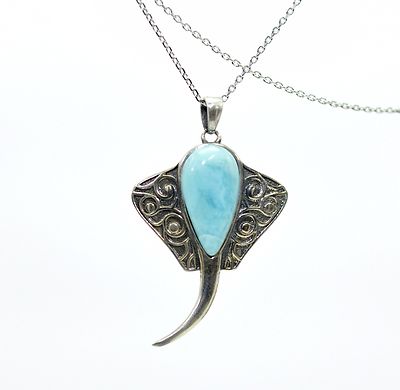 Larimar Stachelrochen Halskette, Atemberaubendes .925 Sterlingsilber, 7,4 Gramm