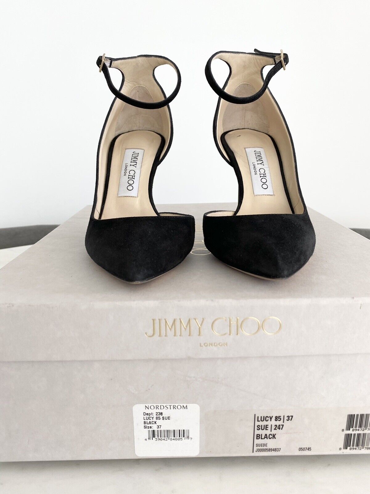 Jimmy Choo Lucy 85. Size 37 EU. Made In Italy. Black Suede. Box & Receipt