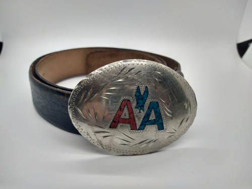 Vintage C&L American Airlines Belt Buckle Turquoise Coral Chip Inlay AA Paris 36