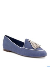 Birdies Heron Flat Slip-On Loafers Oceano Blue Suede White Tassel Size 8