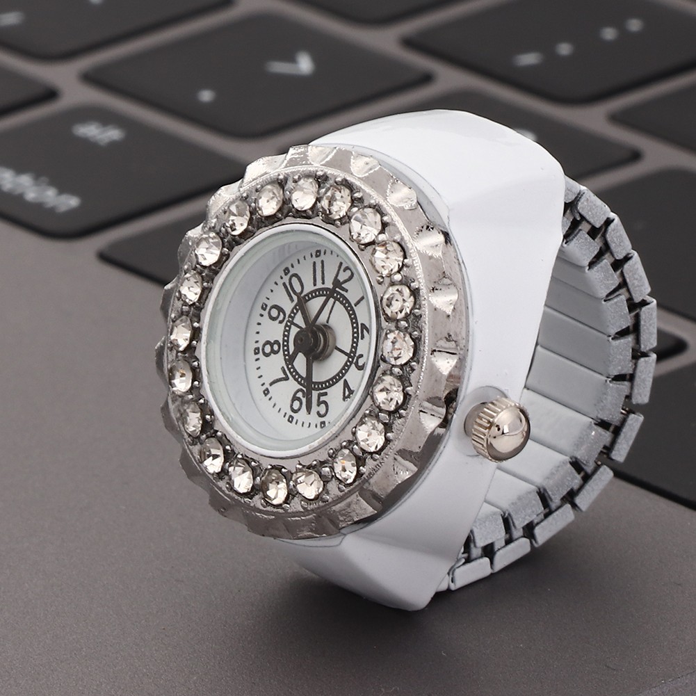 Women Finger Ring Watch Shining Rhinestone Decoration Quartz Ring Watch White