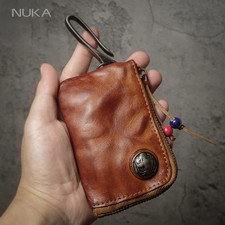 NUKA Top Cowhide Car Key Bags Men Women Vintage Zipper Coin Purse Genuine Leath