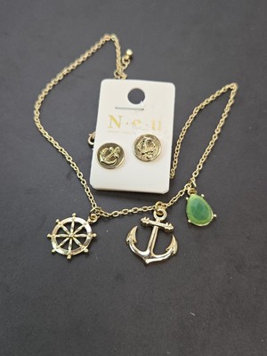 Ship Anchor Necklace & Earring Set W/ Green Gem Accent N.E.U. NWT