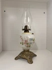 Antique Milk Glass Oil Lamp Floral Nautical Scene Cast Metal Base c1900