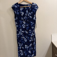 Lauren Ralph Lauren NWT Size 14 Blue & White Floral Print Side Ruching Dress