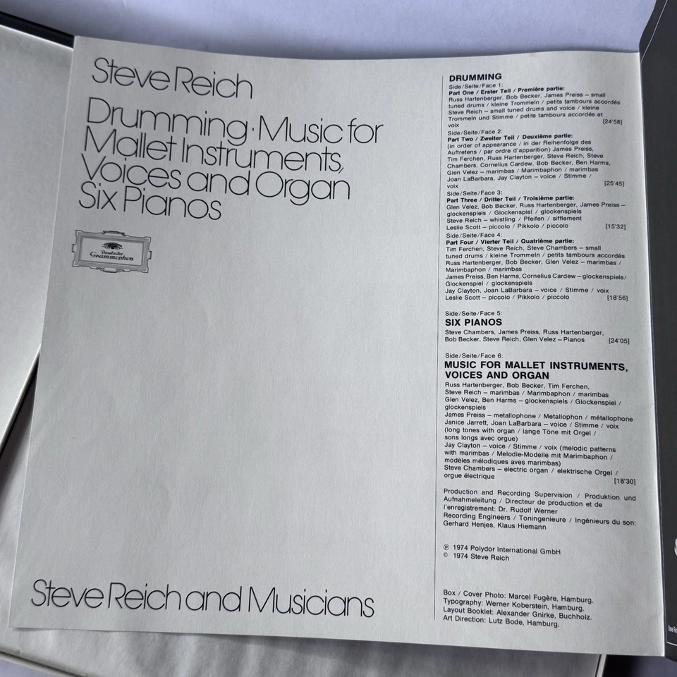 Steve Reich: Drumming Music Mallet/Voices/Organ/6 Pianos • 3-LP Box Set NM/VG+ - Image 3 of 4