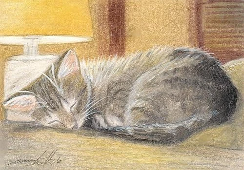 ACEO orig. pastel drawing sleeping tabby kitten at light by Anna Hoff Germany