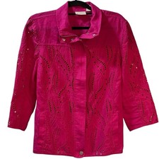 Chico's Pink Coastal Chic 3/4 Sleeve Linen Eyelet Jacket Size 2 Large