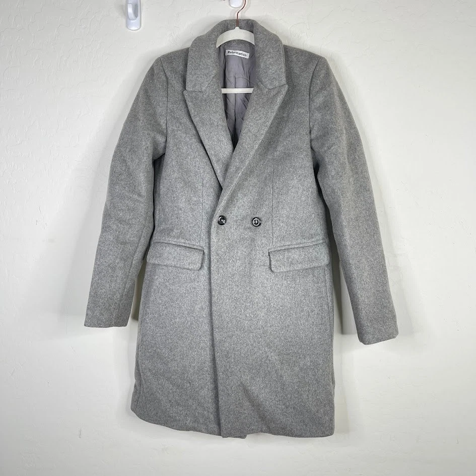 Abrigo Reformation Talla XS Cumberland Gris Mezcla Lana Doble Pecho Botón Foto 3 de 4