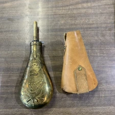 Vtg Brass Reproduction, Black Powder Flask/Horn Embossed