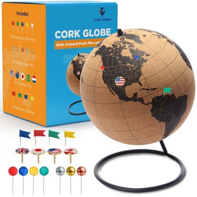 Black Cork Globe with Push Pins - 7.9'' Tall Globe with Map of the World and R...