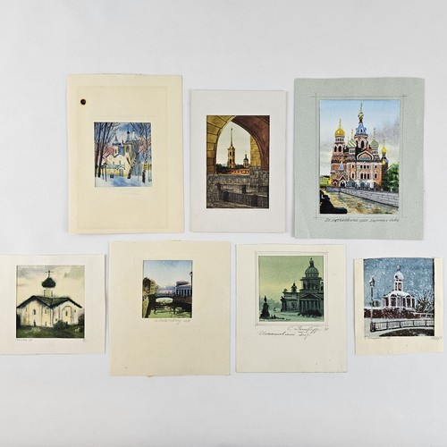 7x Vintage Original Watercolor Paintings - Illegibly Signed Russian Art - Picture 1 of 14