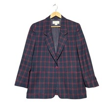 Liz Claiborne Vintage 100 Wool Plaid Blazer Navy Burgundy Made in USA Size 10