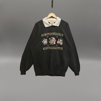 Cracker Barrel Floral Sweatshirt Schwarz Kragen Pullover Vintage USA XXL 90 3302