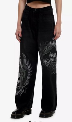 Hot Topic Social Collision Womens Sz 5 27 Black Skull Wings High Rise Wide Jeans