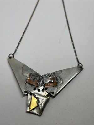 Unique Vintage Modernist Handcrafted Artistic Mixed Metal Signed 925 Necklace