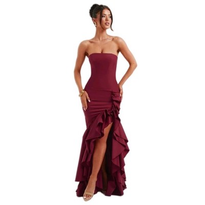 Women's Sexy Strapless Backless High Split Long Maxi Dress Ruched Off Shoulder