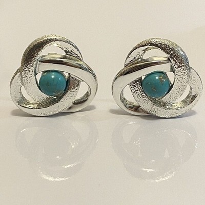 Vintage Orbit Atomic Clip Earring Sarah Coventry Silver Swirl Turquoise Cabochon