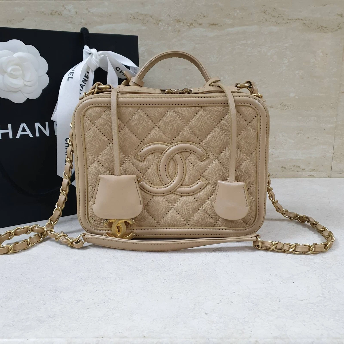 Handbags Chanel Chanel Beige Quilted Caviar Leather Medium CC Filigree Vanity Case Bag