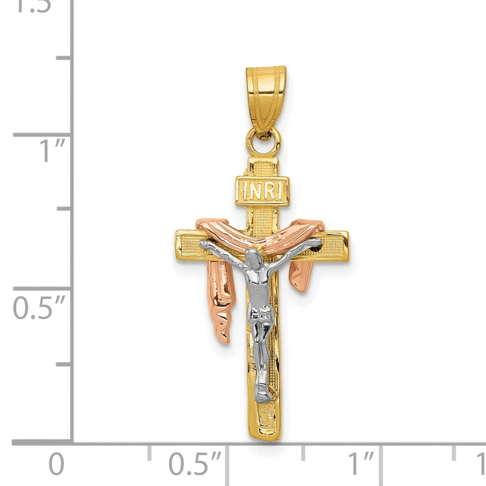14K Tri-Color Gold Diamond Cut Inri Crucifix Pendant Charm Jewelry 39 x 18 mm - Image 4 of 4