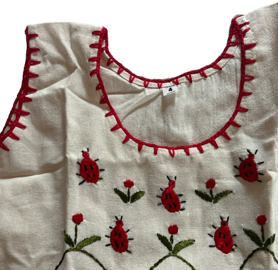 Vestido Manta Tradicional Mexicano Niñas Ladybug Tema Hecho a Mano Talla 4 Foto 2 de 4