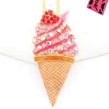 New Fashion Women Strawberry Ice Cream Pink Rhinestone Pendant Chain Necklace