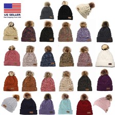 Women's Winter Fleece Fuzzy Lined Cable Knitted Pom Pom Cold Multi Color Beanie