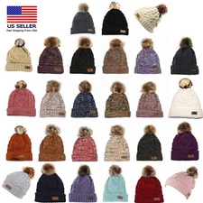 Women's Winter Fleece Fuzzy Lined Cable Knitted Pom Pom Cold Multi Color Beanie