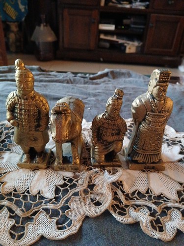 Vintage Chinese Terracotta Soldier Warrior Horse Mini Statue Figurine Set 4Pc Gd - Picture 2 of 11