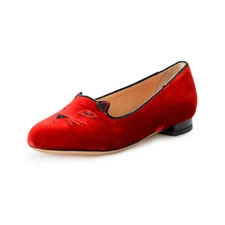 Charlotte Olympia Girls "INCY KITTY FLATS" Burgundy Velvet Ballet Flats Shoes