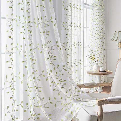 2 Paneles Hojas Bordadas Semi Transparente Voile Ventana Cortinas Salón - Imagen 1 de 71
