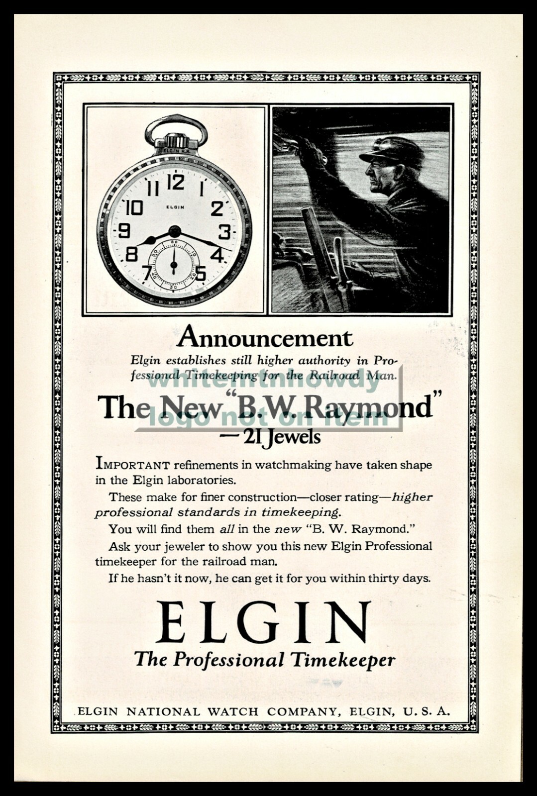 1923 ELGIN B.W. Raymond Watch Antique PRINT AD w/ Railroad Engineer | eBay