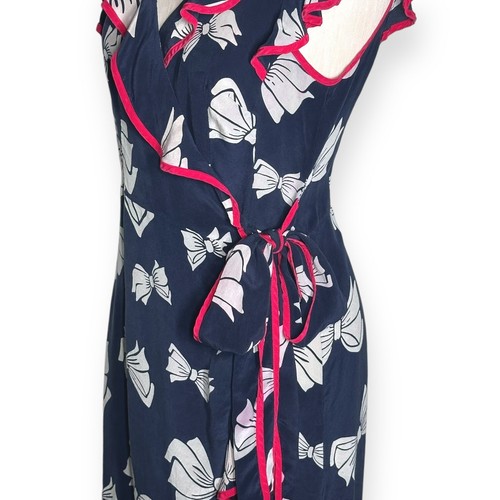 NANETTE LEPORE Y2K Vintage 100% Silk Wrap Dress Bow Print Cocktail Cascade 10 - Picture 9 of 18