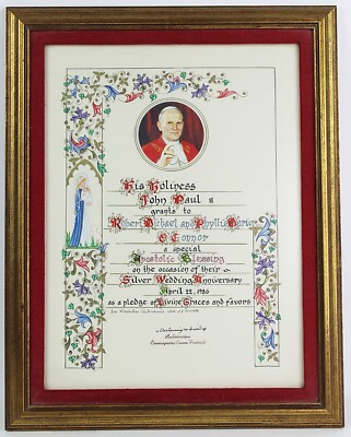 Framed POPE John Paul II Apostolic Blessing Plenary Indulgence Papal Seal Vellum