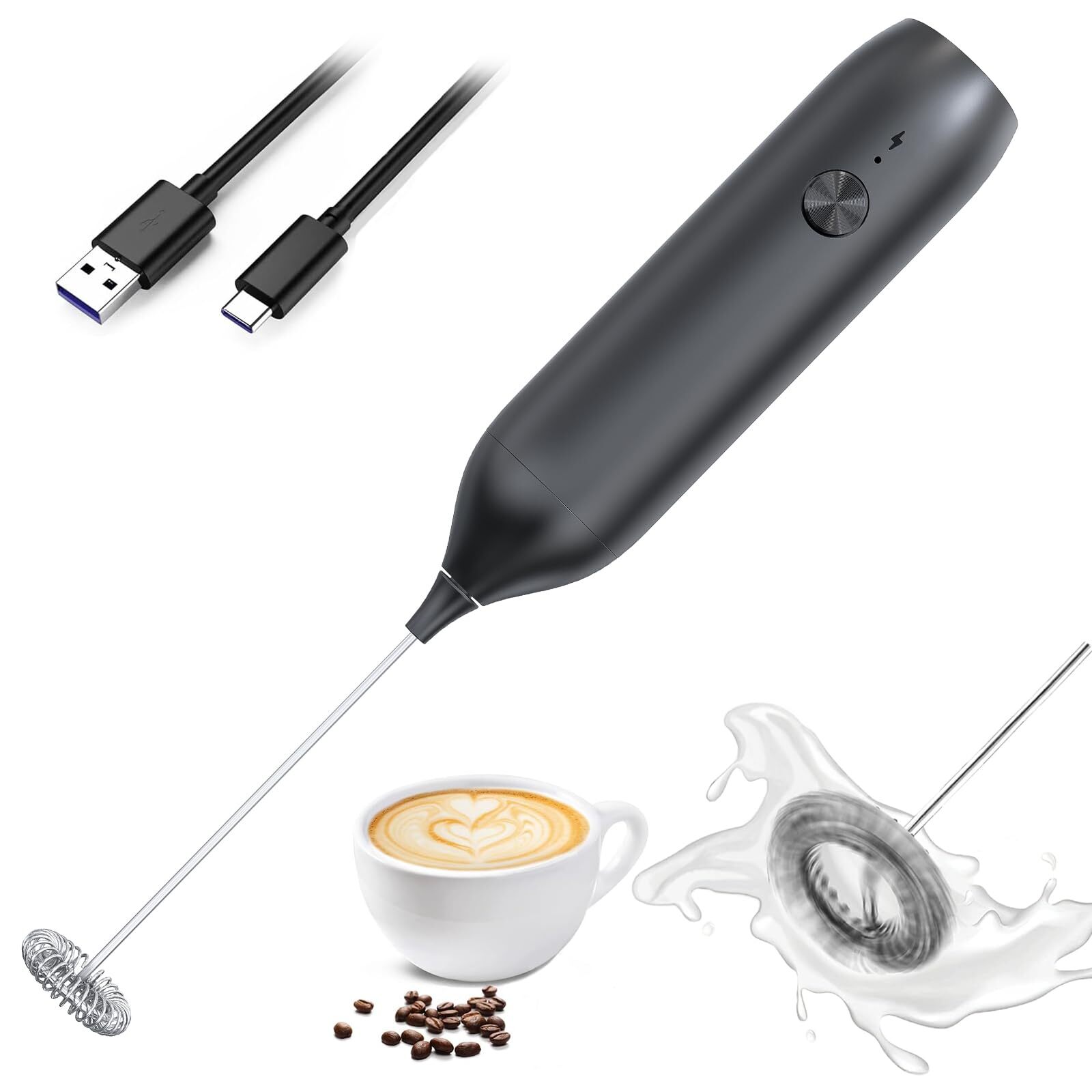 Rechargeable Milk Frother Wand,Drink Mixer Handheld,Electric Whisk with USB-C...