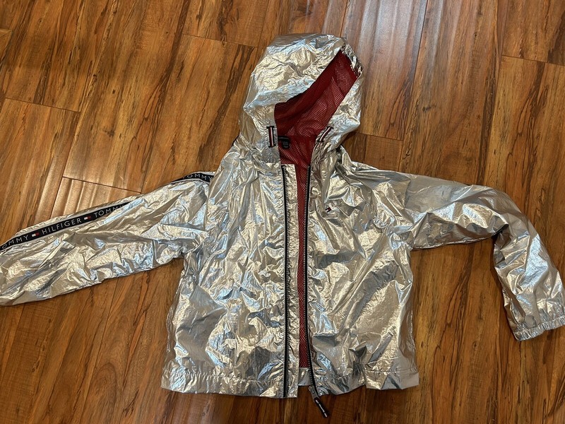 Tommy Hilfiger Big Girls Hooded Metallic Silver Windbreaker Jacket L 12/14 New