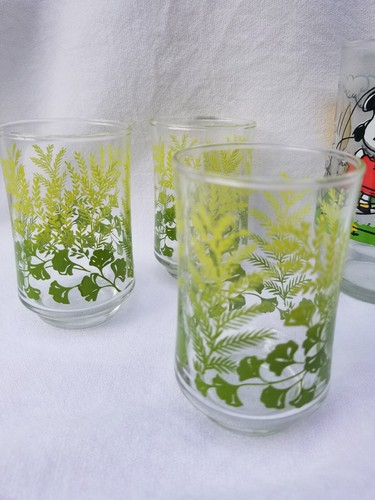 Vintage 3 Green Fern Floral Mid Century OJ Juice Water Tumbler Barware Bar Glass - Picture 2 of 5