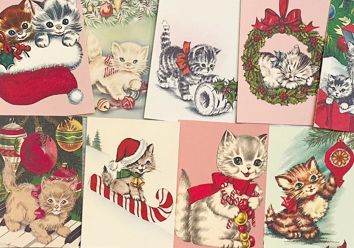 Vintage Christmas Cat Card Toppers Gift Tags Make Your Own Cards