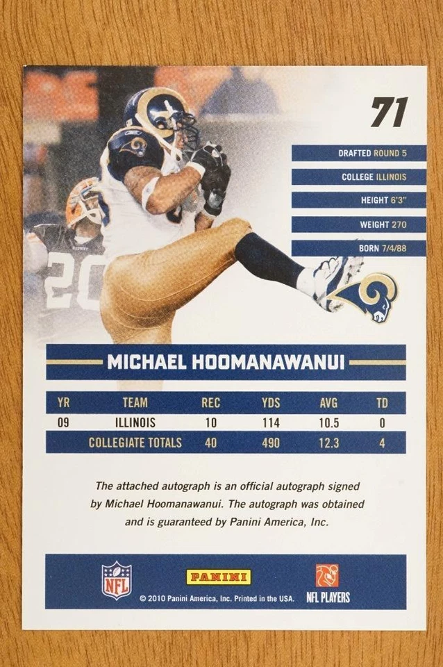 2010 Donruss Rated Rookie Auto Michael Hoomanawanui #71 Football Card Auto RC - Image 2 of 2