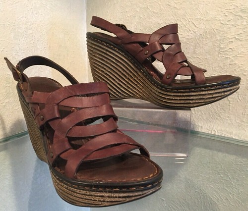Born Heels 7/38 Platform Wedge Brown Leather Chunky Ankle Strap Sandals |  eBay