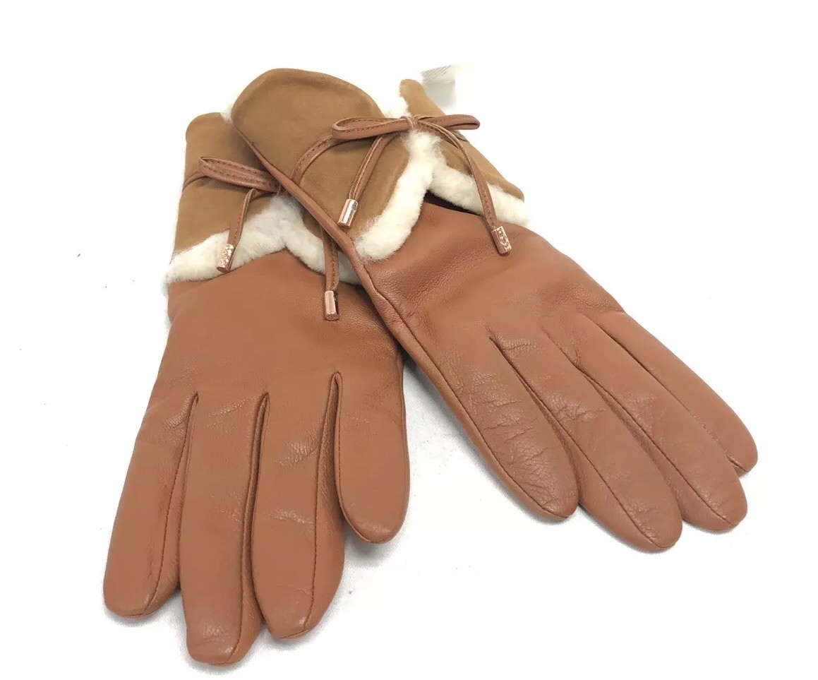 Ugg Australia Combo Sheepskin Trim Glove Chestnut Leather 17445 Bow Cashmere
