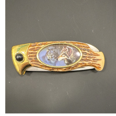 Wolf Design Brown Gold Pocketknife Stainless Steel Drop Point Blade Manual