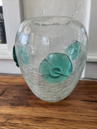Vtg 1950s BLENKO Blown Glass Crackle Urn Vase Applied Aqua Rosettes Flowers 8.5”