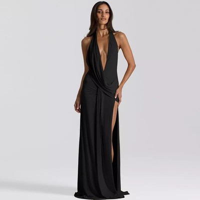 Langes Kleid Schwarz Sexy Rückenfrei Mit Tiefem Schlitz Elegant Abend CF52394