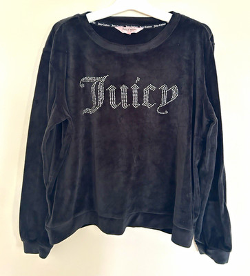 Juicy Couture Black Velour Rhinestone Tracksuit Set- Size M Crewneck & Joggers