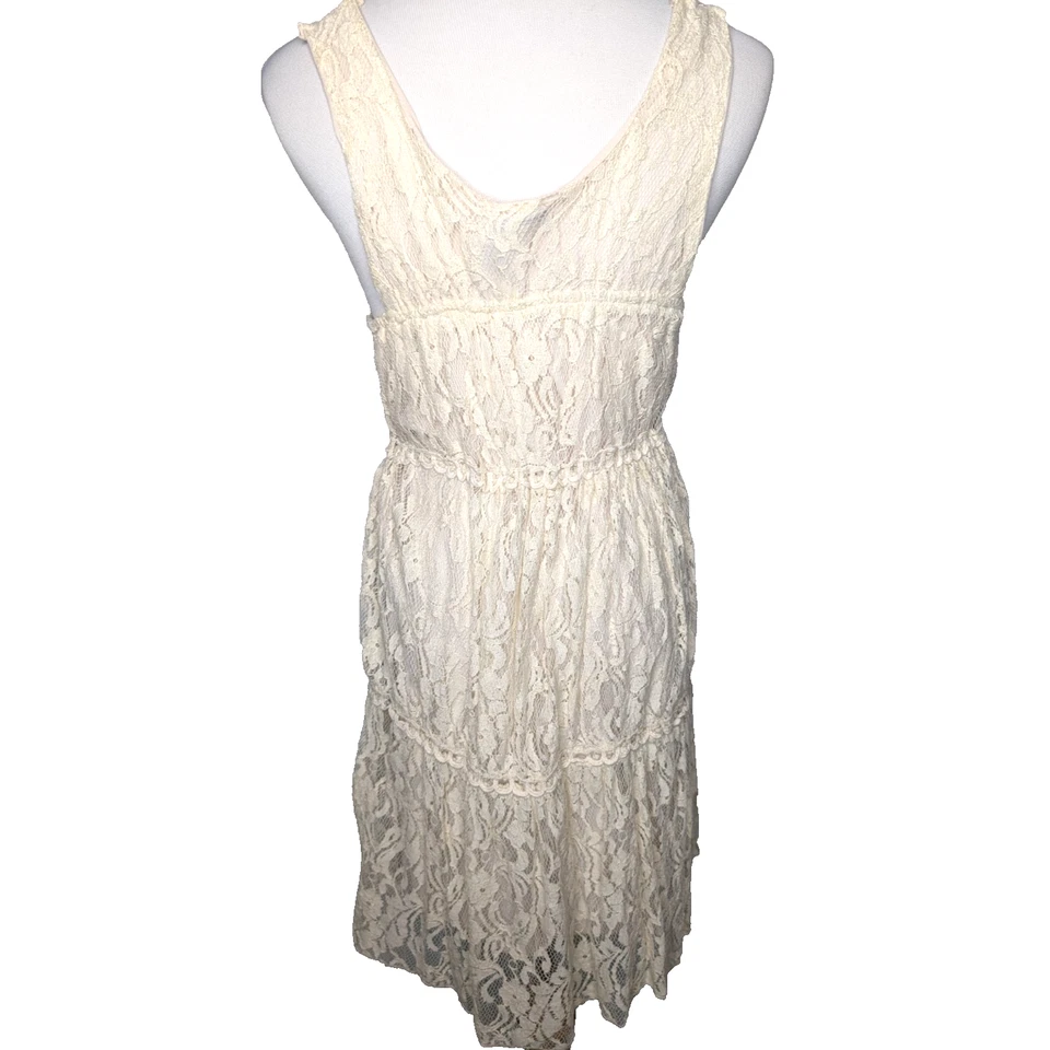 Vestido De Colección Y2K Marfil Crochet Encaje Boho Hadas Cabaña Cuello Cuadrado Cintura Imperio MD Foto 3 de 4