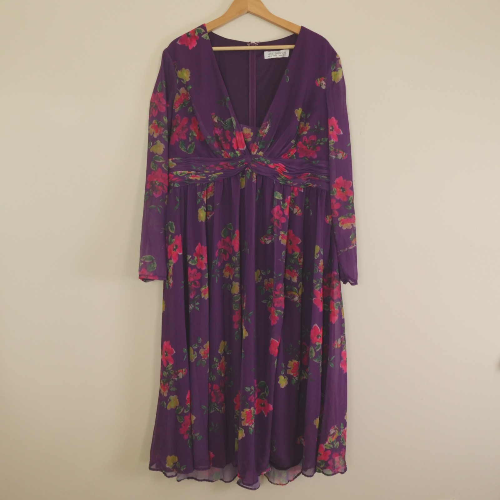 Mac Duggal Dress Womens 16 Purple Floral Midi Ruched Front Twist Gown